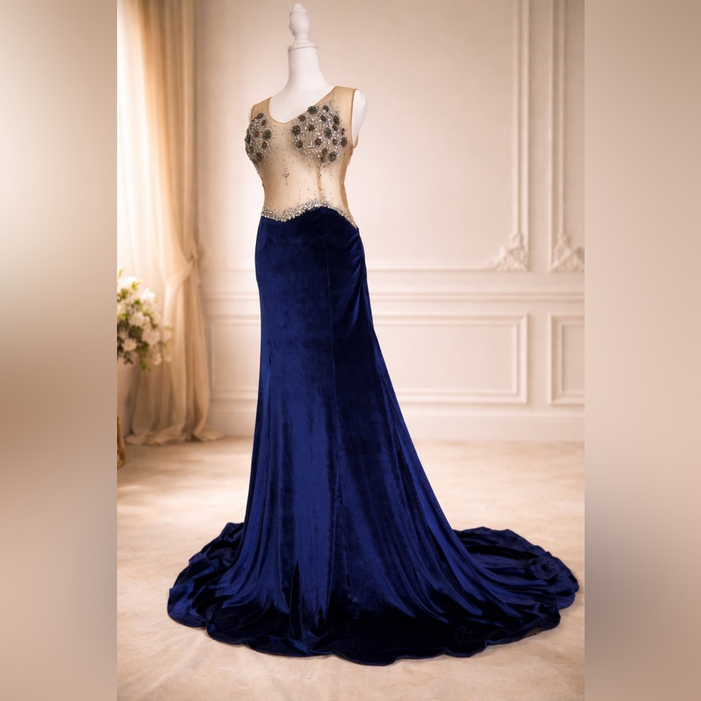 Navy Velvet Prom Dress Rhinestone Bodice